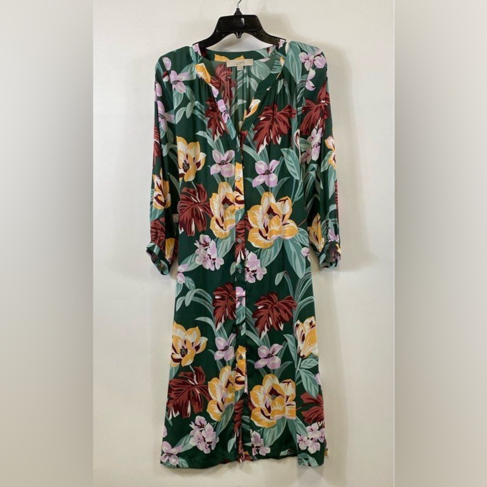 LOFT Green Floral Button-Front Midi Dress